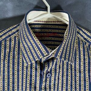Robert Graham Shirt Mens Small‎ Blue White Striped Tailored Fit Floral Flip Cuff